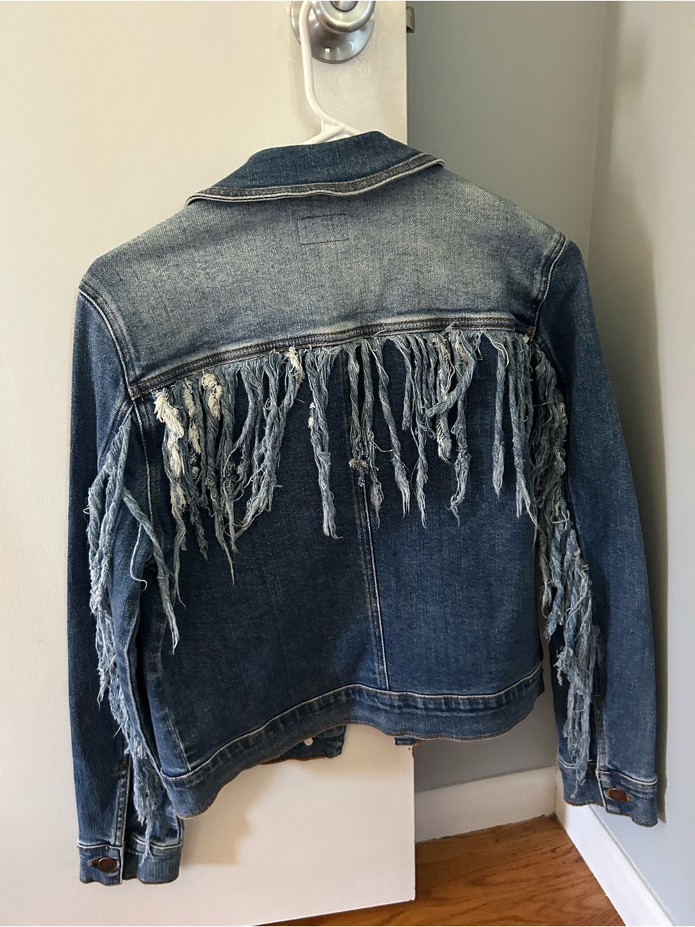 Judy Blue Distressed Fringe Dark Blue Denim Jacket